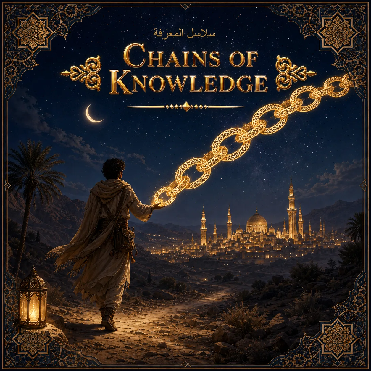 Chains of Knowledge key art — a student of knowledge raising a golden chain toward a city of light