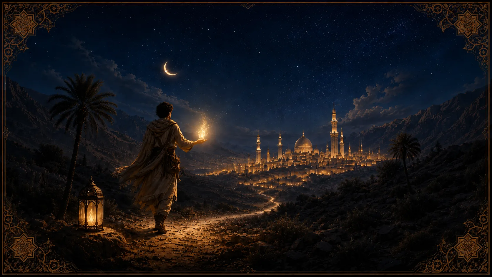 Chains of Knowledge key art — a wayfarer bearing a flame on the night road toward a city of light beneath the crescent moon