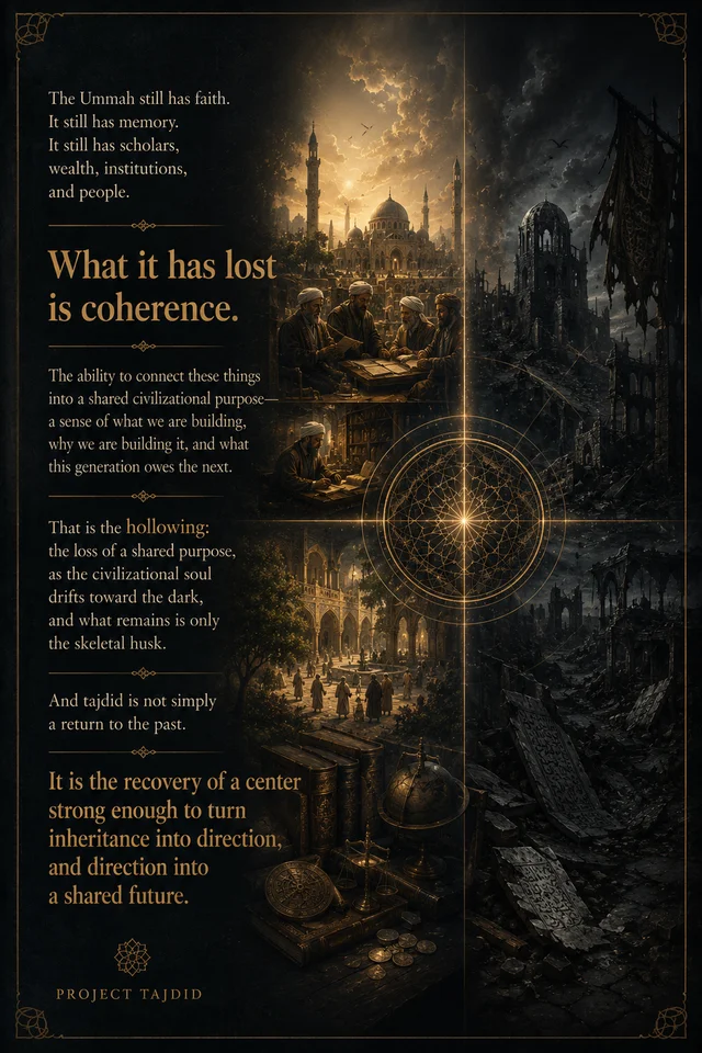 The Hollowing of the Ummah — back cover: the book's argument in brief, set against a city divided between golden renewal and ruin