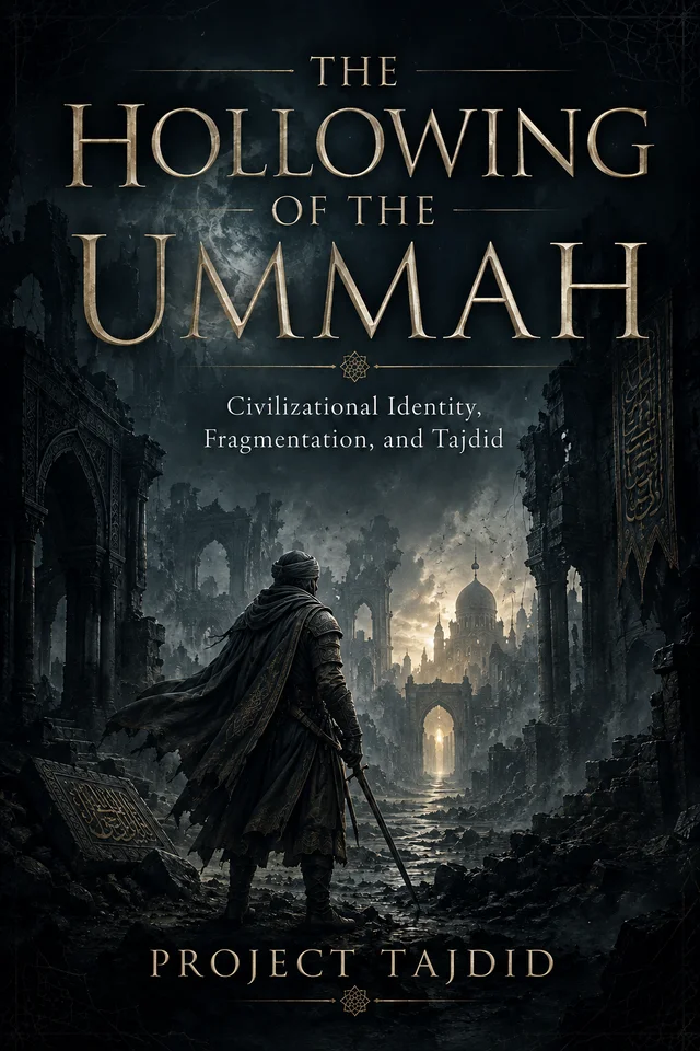 The Hollowing of the Ummah — book cover: a lone warrior amid the ruins of a great Islamic city